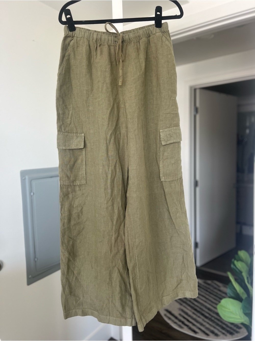 Caslon Cargo-Style Linen Drawstring Pants Khaki/Green Size S/M